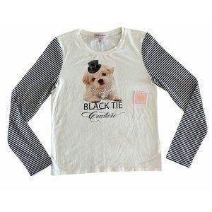 NWT Juicy Couture Black‎ Tie Graphic Jeweled Long Sleeve Tee Dog Girls XL $62